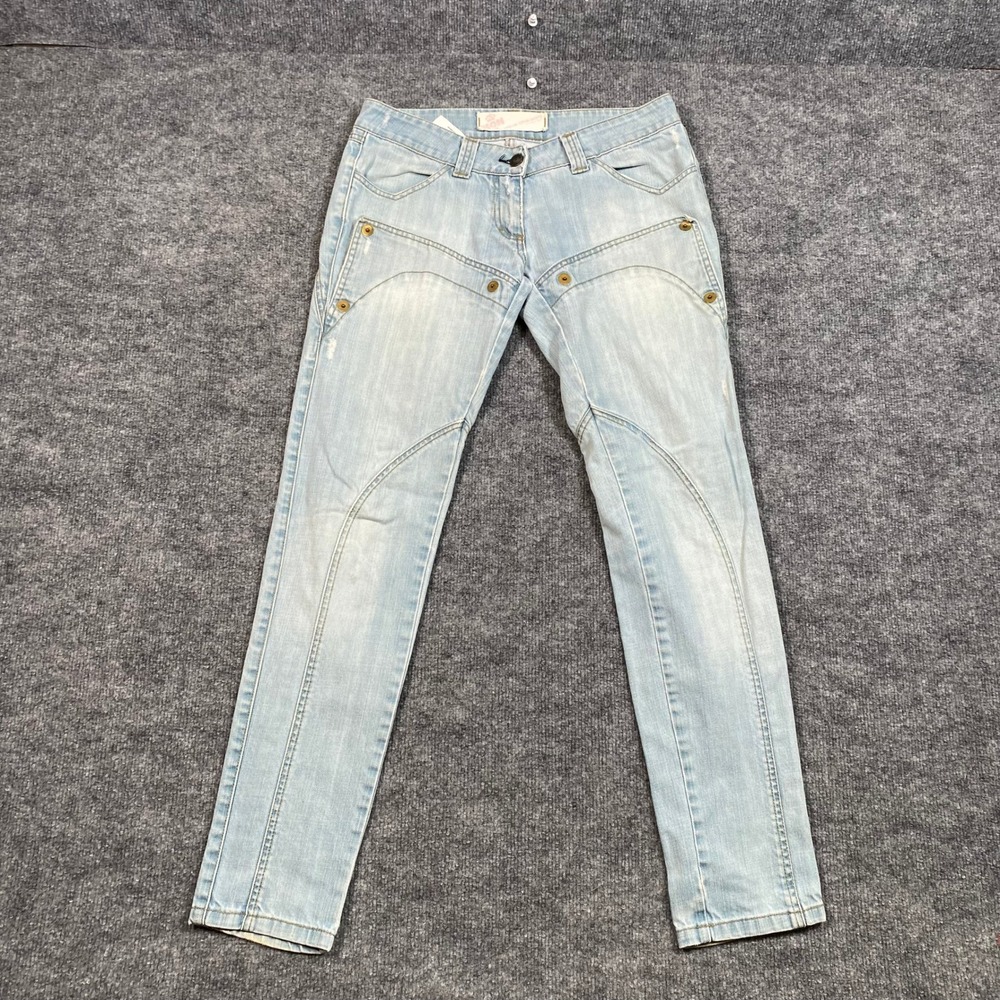 Maya Oma Nora Light Wash Paneled Moto Jeans Size 28 Low Rise Rivet Detail